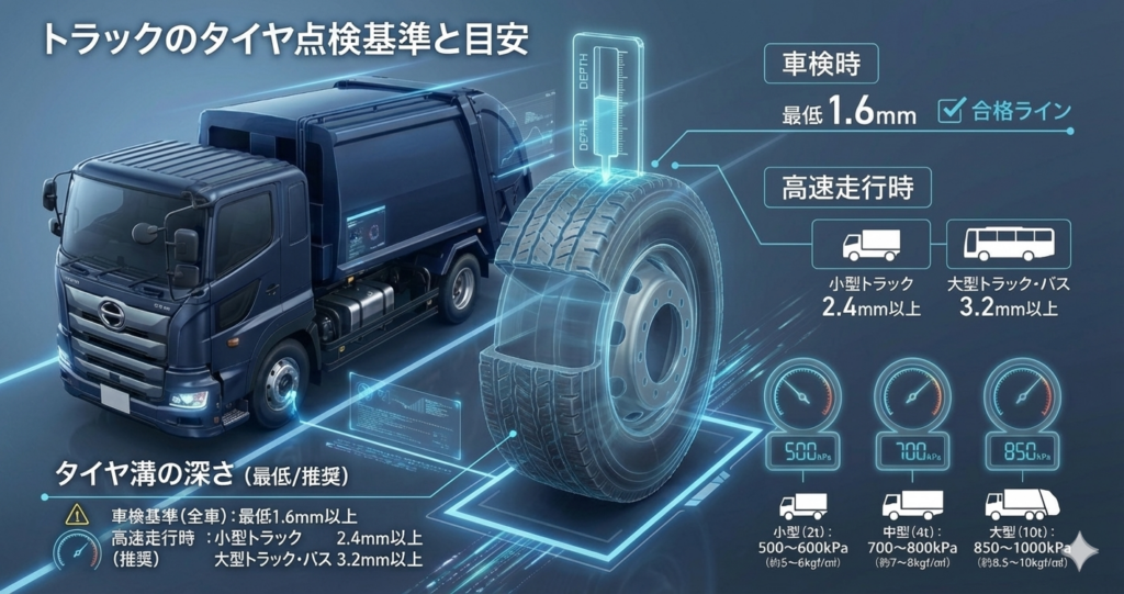 トラックのタイヤ溝と空気圧点検