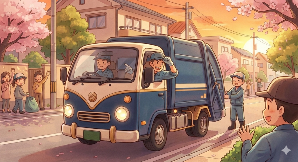 柔らかく温かい塵芥車と作業員達