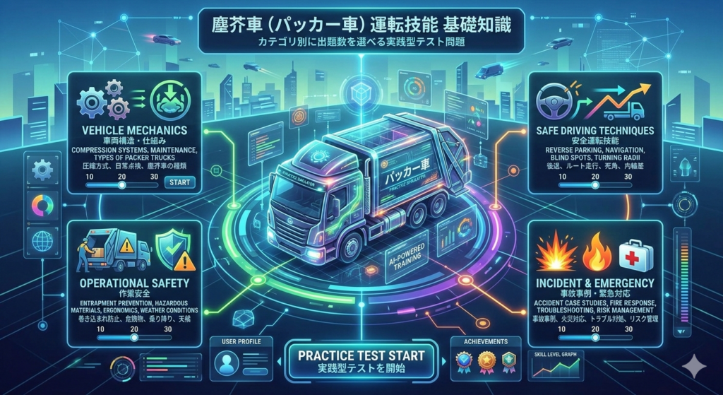 塵芥車（パッカー車）運転技能基礎知識｜カテゴリ別に出題数を選べる実践型テスト問題
